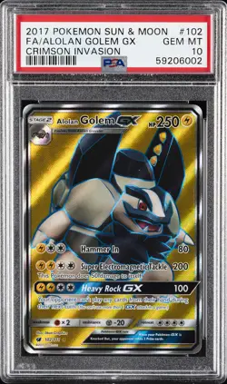 2017 POKEMON SUN & MOON CRIMSON INVASION #102 FULL ART/ALOLAN GOLEM GX PSA 10 - Image 1