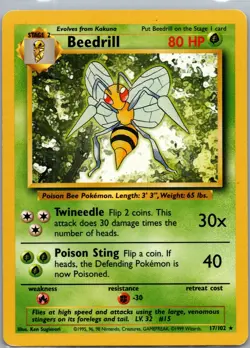 Pokemon TCG - Base Set Beedrill Non Holo Rare 17/102 Regular Free Ship - Image 1