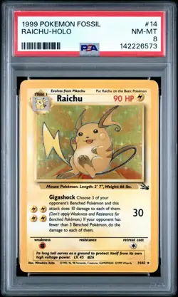 Pokemon PSA 8 NM-Mint Raichu Holo 14/62 Unlimited Fossil - Image 1