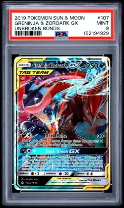 PSA 9 Greninja & Zoroark GX 107/214 Tag Team Pokemon Unbroken Bonds 2019 MINT - Image 1