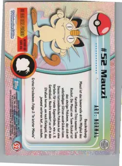 GERMAN 1999 Topps Pokemon Blue Logo TV Animation Edition Mauzi #52 - Image 2