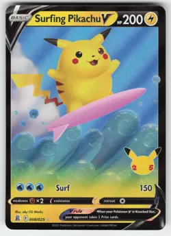 Surfing Pikachu V 008/025 Holo V Rare Celebrations Pokemon Near Mint - Image 1