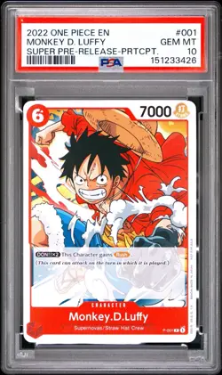 One Piece CCG Monkey.D.Luffy Super Pre-Release Participation P-001 PSA 10 - Image 1