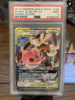 PSA 9 Mega Lopunny & Jigglypuff GX #165 Pokemon Sun & Moon Cosmic Mint - Image 1