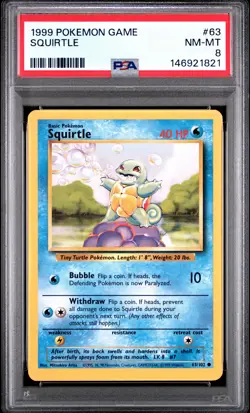 1999 POKEMON BASE SET UNLIMITED #63 SQUIRTLE PSA 8 - Image 1