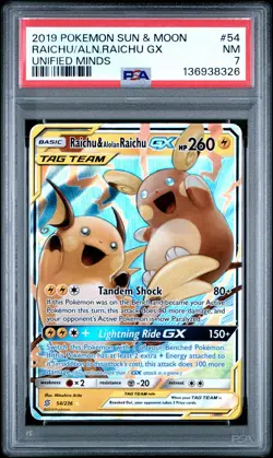 2019 POKEMON SUN & MOON UNIFIED MINDS #54 RAICHU & ALOLAN RAICHU GX PSA 7 - Image 1