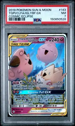 2019 POKEMON SUN & MOON COSMIC ECLIPSE #143 TOGEPI & CLEFFA & IGGLYBUFF GX PSA 7 - Image 1