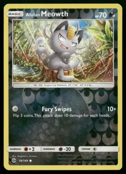 Alolan Meowth 78/149 Common SM Base Set Pokemon Reverse Holo Near Mint - Image 1