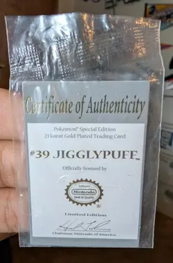 Pokemon Jigglypuff Certificate of Authenticity 23K Gold-Plated Card - Image 1
