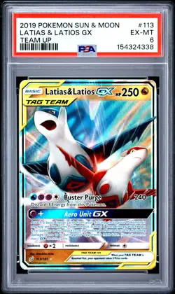 2019 POKEMON SUN & MOON TEAM UP #113 LATIAS & LATIOS GX PSA 6 - Image 1