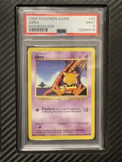 1999 PSA 9 Abra #43 Shadowless Common WOTC Pokemon Game Base Set Shadowless - Image 1