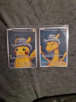 Van Gogh Pikachu & Charizard Grey Felt Hat Art Card Bundle Display Set - Image 1