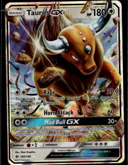 Tauros GX Ultra Rare SM Base Set 100/149 Colorless Holo Pokemon Card - Image 1