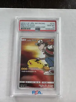 2018 Pokemon Japanese Red’s Pikachu Pokemon Center 20th Promo 270/SM-P PSA 10 - Image 1