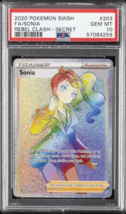 2020 POKEMON SWORD & SHIELD REBEL CLASH SECRET #203 FULL ART/SONIA PSA 10 - Image 1