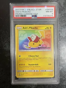 2017 POKEMON SM BLACK STAR PROMO I CHOOSE YOU! #SM108 ASH'S PIKACHU PSA 8 - Image 1