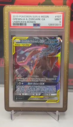 2019 Pokemon Greninja & Zoroark 107/214 Tag Team Unbroken Bonds GX PSA 9 Mint - Image 1