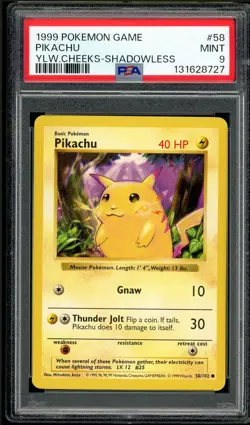 PSA 9 - 1999 Pokemon Game PIKACHU Yellow-Cheeks - SHADOWLESS #58 - Image 1