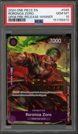 One Piece CCG Roronoa Zoro Pre-Release Winner P-045 PSA 10 Gem Mint - Image 1