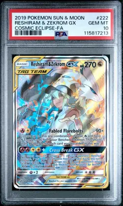 2019 Pokemon S & M Cosmic Eclipse #222 Reshiram & Zekrom Gx FA PSA 10 GEM MT - Image 1