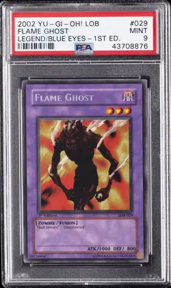 2002 YU-GI-OH! LOB-LEGEND OF BLUE EYES WHITE DRAGON 1ST ED FLAME GHOST PSA 9 - Image 1