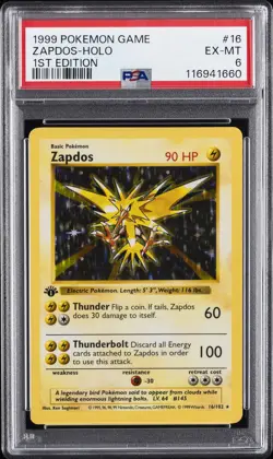 1999 POKEMON GAME 1ST ED #16 ZAPDOS-HOLO PSA 6 - Image 1