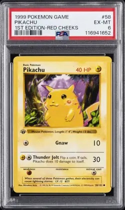 1999 POKEMON GAME 1ST ED-RED CHEEKS #58 PIKACHU PSA 6 - Image 1