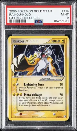 2005 POKEMON EX UNSEEN FORCES GOLD STAR #114 RAIKOU-HOLO PSA 9 - Image 1