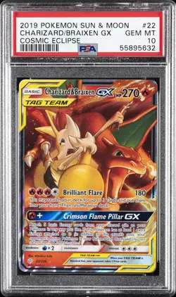 2019 POKEMON SUN & MOON COSMIC ECLIPSE #22 CHARIZARD & BRAIXEN GX PSA 10 - Image 1