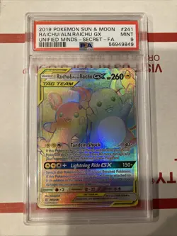 Pokemon PSA 9 Raichu & Alolan Raichu GX 241/236 Unified Minds Rainbow Rare Mint - Image 1