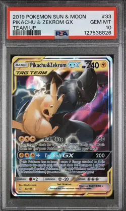 2019 POKEMON SUN & MOON TEAM UP #33 PIKACHU & ZEKROM GX PSA 10 - Image 1