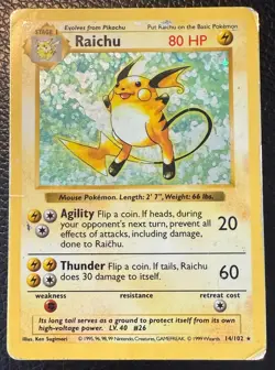 1999 POKEMON TCG RAICHU BASE SET HOLO UNLIMITED 14/102 HP/DMG - Image 1