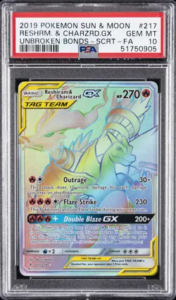2019 POKEMON SUN & MOON UNBROKEN BONDS FULL ART/RESHIRAM & CHARIZARD GX PSA 10 - Image 1