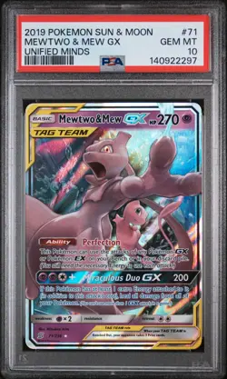 2019 POKEMON SUN & MOON UNIFIED MINDS #71 MEWTWO & MEW GX PSA 10 - Image 1
