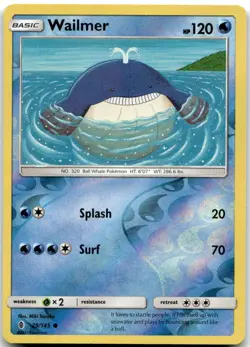 Pokemon Wailmer Guardians Rising SM02 #29/145 Common Reverse Holo LP - Image 1