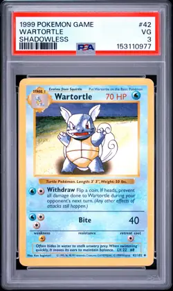 1999 POKEMON BASE SET SHADOWLESS #42 WARTORTLE PSA 3 - Image 1