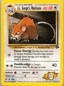 Pokemon TCG Lt Surges Raticate 53/132 Gym Challenge LP - Image 1