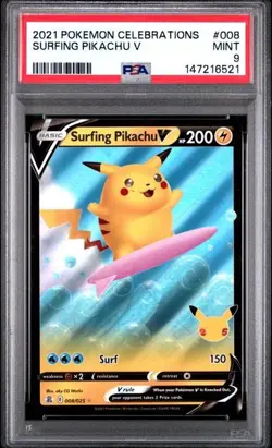 PSA 9 Mint Surfing Pikachu V #008 Celebrations Holo Pokemon TCG - Image 1