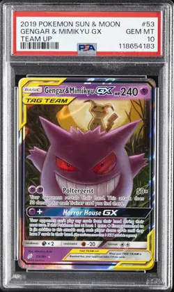 2019 POKEMON SUN & MOON TEAM UP #53 GENGAR & MIMIKYU GX PSA 10 - Image 1