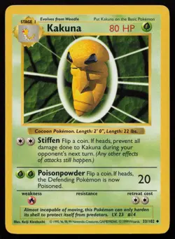 Kakuna 33/102 Unlimited Uncommon Base Set Shadowless Pokemon English LP - Image 1