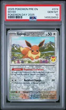 Pokemon TCG Prismatic Evolutions - Pokemon Day 2025 Eevee #074 - PSA 10 - Image 1