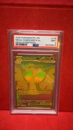 2025 POKEMON PFL EN MEGA CHARIZARD X ex MEGA GOLD HYPER RARE #130 PSA 9 - Image 1