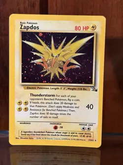 Zapdos Holo Rare Fossil 15/62 Pokemon Card - WOTC 1999 SWIRL - Image 1