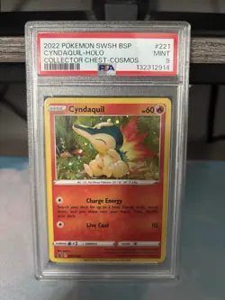 Pokemon TCG 2022 Cyndaquil Collector Chest Cosmos Holo 221 PSA 9 - Image 1