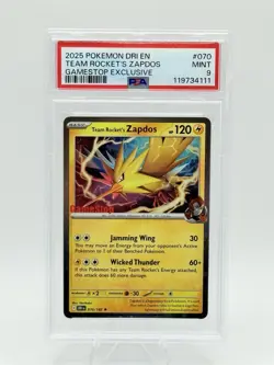 Pokemon 2025 Destined Rivals EN Team Rocket's Zapdos Gamestop Exclusive PSA 9 - Image 1
