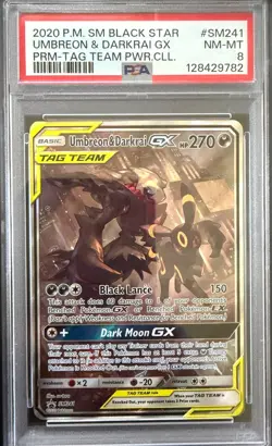 2020 Pokemon SM Black Star Umbreon & Darkrai GX PRM-Tag Team Pwr CLL PSA 8 - Image 1
