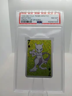 1999 BICYCLE MINI POKEMON MEWTWO PSA 8 NINTENDO GREEN 7 OF SPADES PLAYING CARD - Image 1