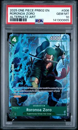 PSA 10 Gem Mint One Piece PRB02-006 Roronoa Zoro Alternate Art English - Image 1