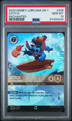 2023 DISNEY LORCANA EN 1-THE FIRST CHAPTER #206 STITCH - CAREFREE SURFER PSA 10 - Image 1