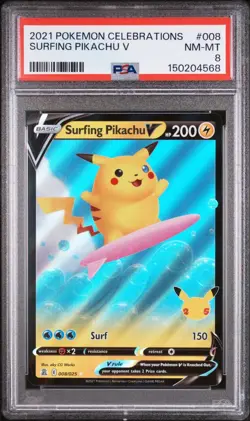 PSA 8 NM-MT 2021 POKEMON CELEBRATIONS SURFING PIKACHU V #008 - Image 1
